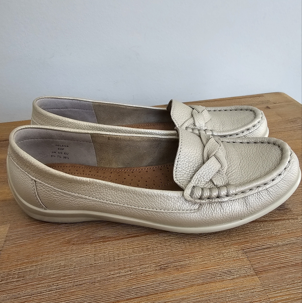 HOTTER Selena Gold Frost Womens Leather Slip On Loafers, Flat Shoes